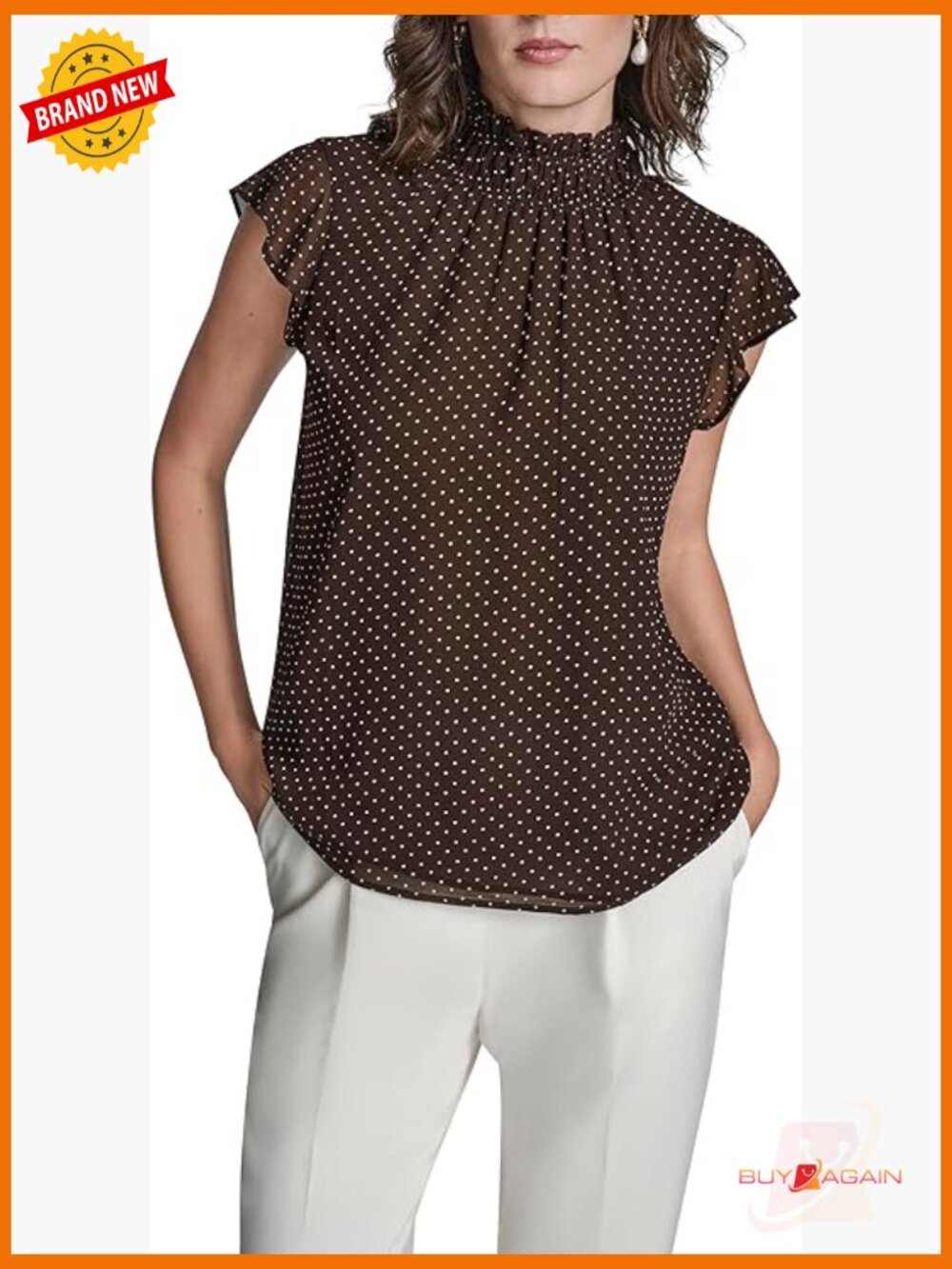 Flutter Sleeve Ruffle Mock Neck Printed Blouse Regular Fit Polyester